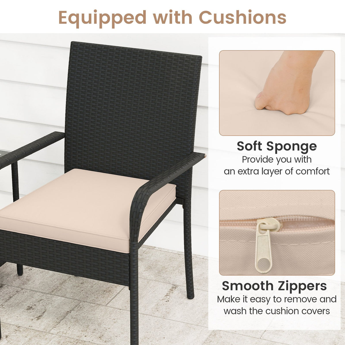3 Piece Patio Furniture Set with Seat Cushions and Tempered Glass Tabletop-Beige view 8