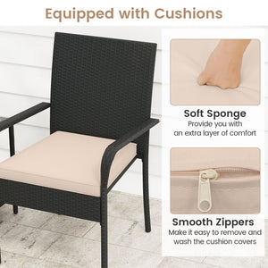 3 Piece Patio Furniture Set with Seat Cushions and Tempered Glass Tabletop-Beige view 8