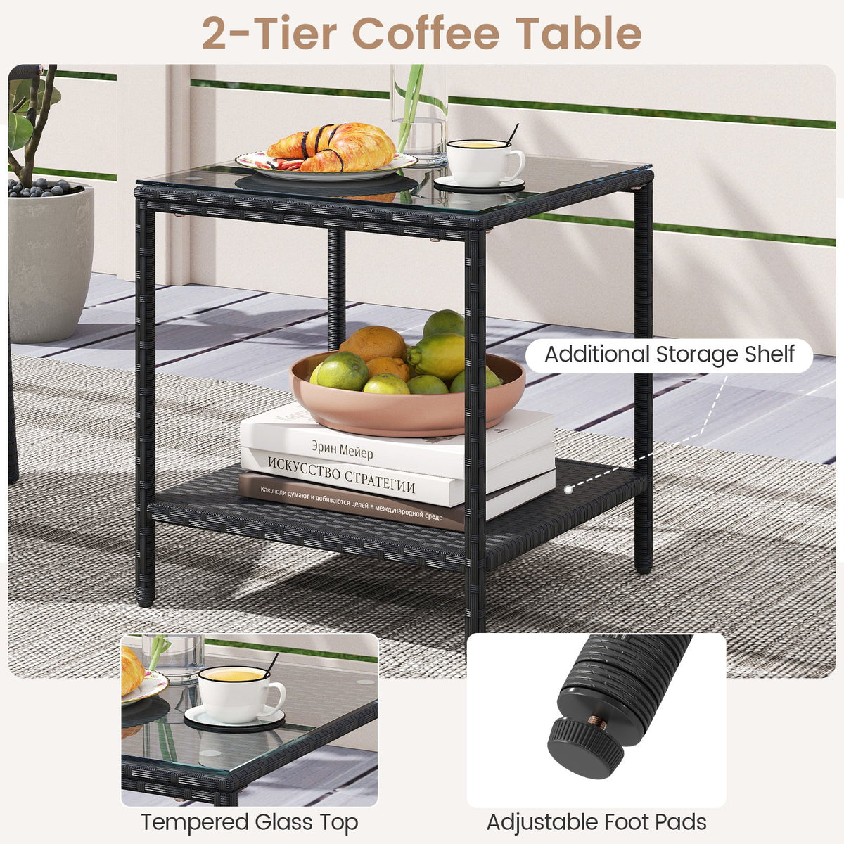 3 Piece Patio Furniture Set with Seat Cushions and Tempered Glass Tabletop-Beige view 9