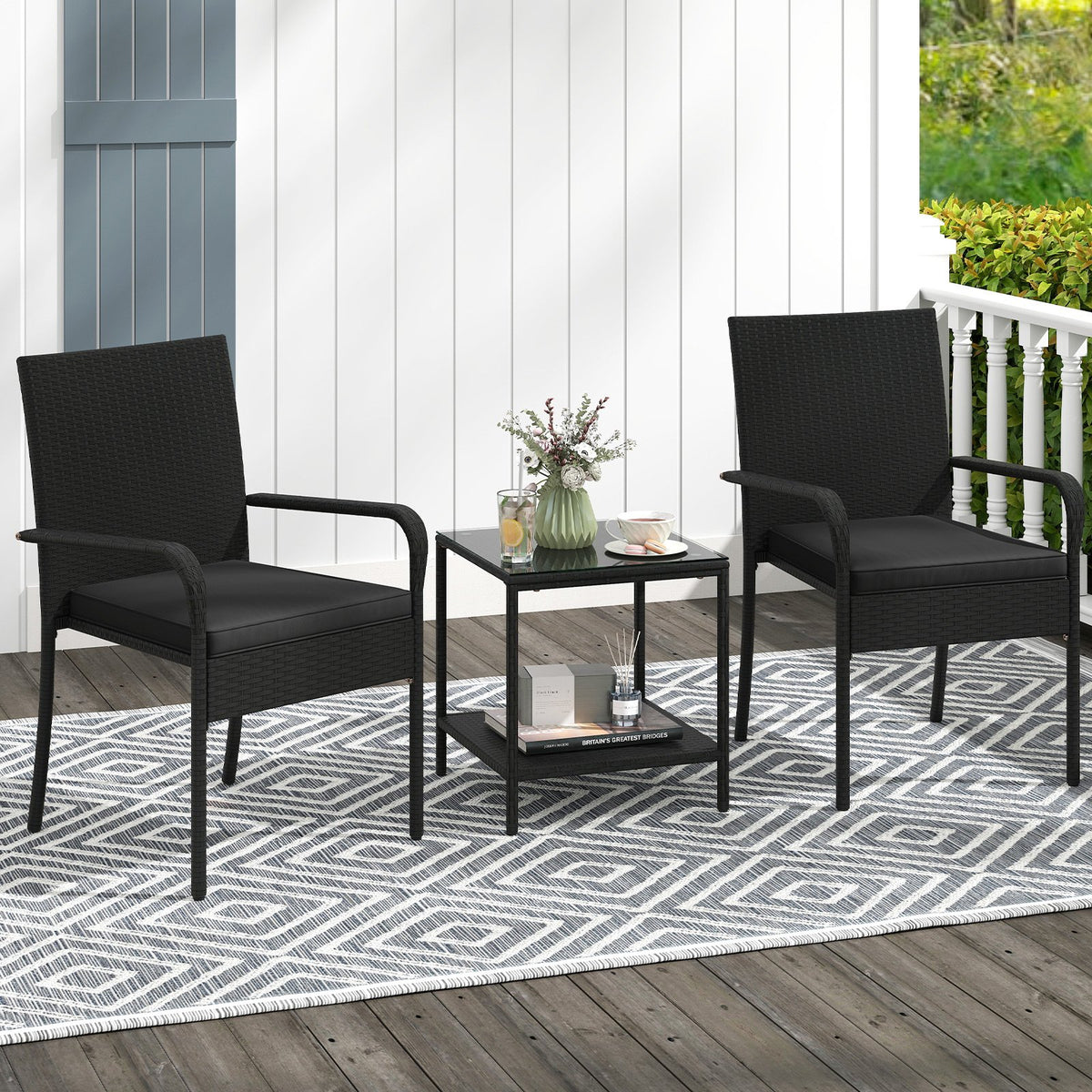 3 Piece Patio Furniture Set with Seat Cushions and Tempered Glass Tabletop-Black view 2