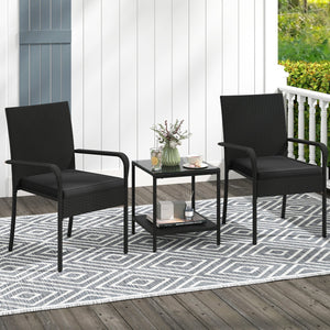 3 Piece Patio Furniture Set with Seat Cushions and Tempered Glass Tabletop-Black view 2