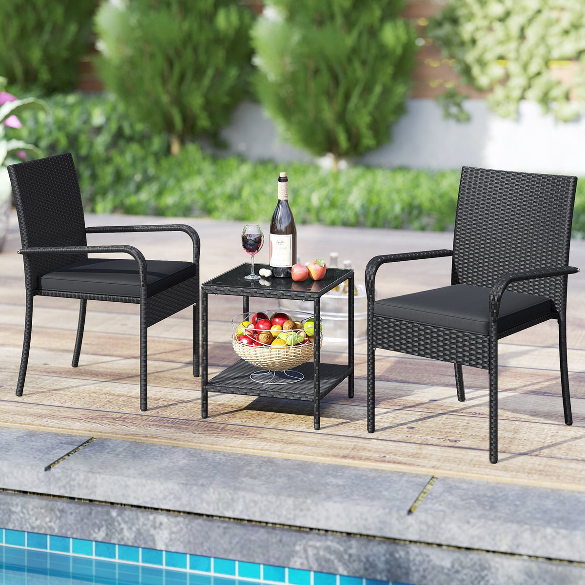 3 Piece Patio Furniture Set with Seat Cushions and Tempered Glass Tabletop-Black view 3