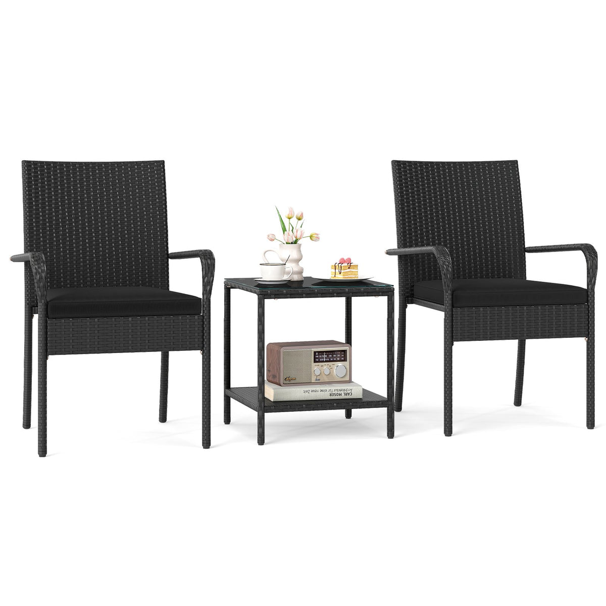 3 Piece Patio Furniture Set with Seat Cushions and Tempered Glass Tabletop-Black view 4
