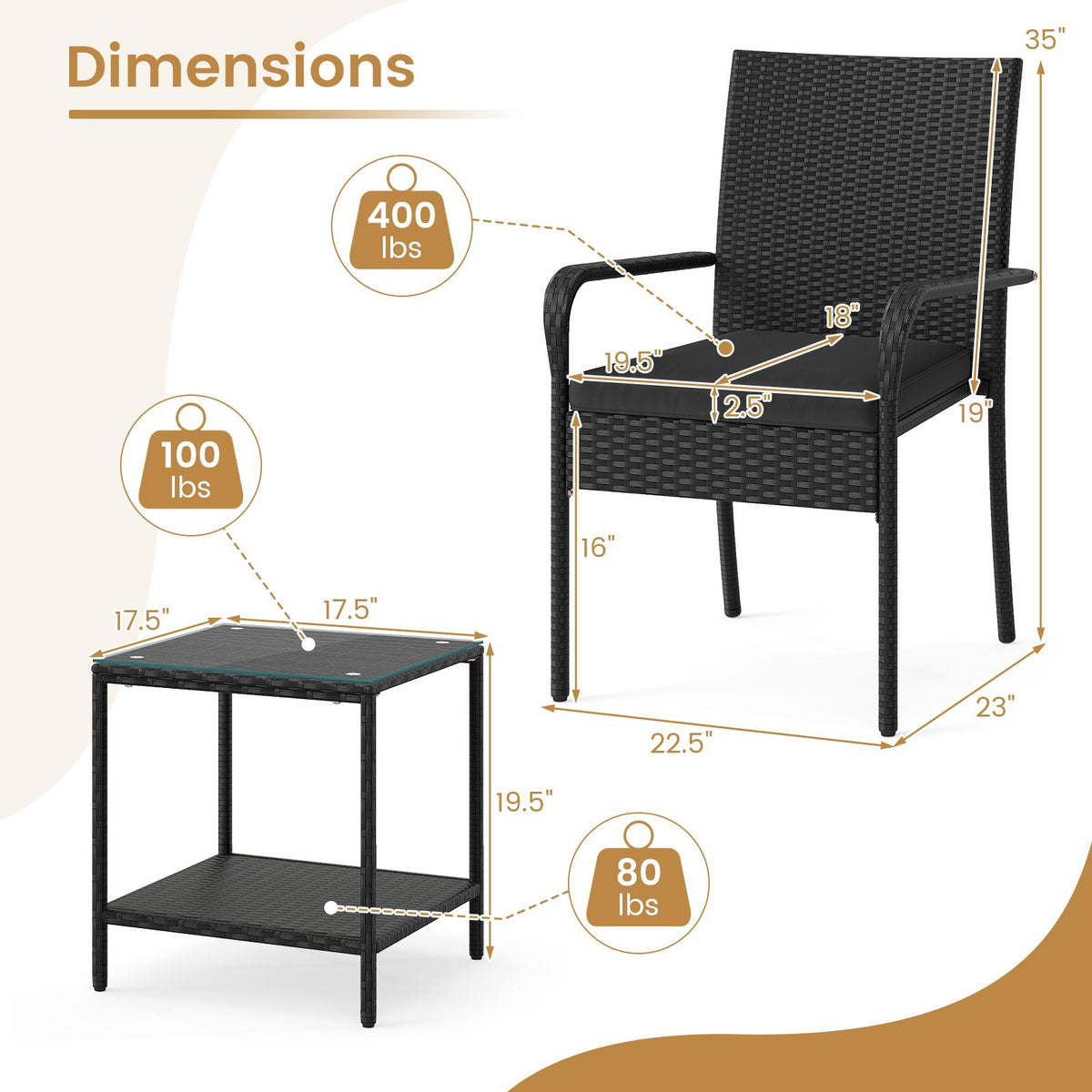 3 Piece Patio Furniture Set with Seat Cushions and Tempered Glass Tabletop-Black view 5