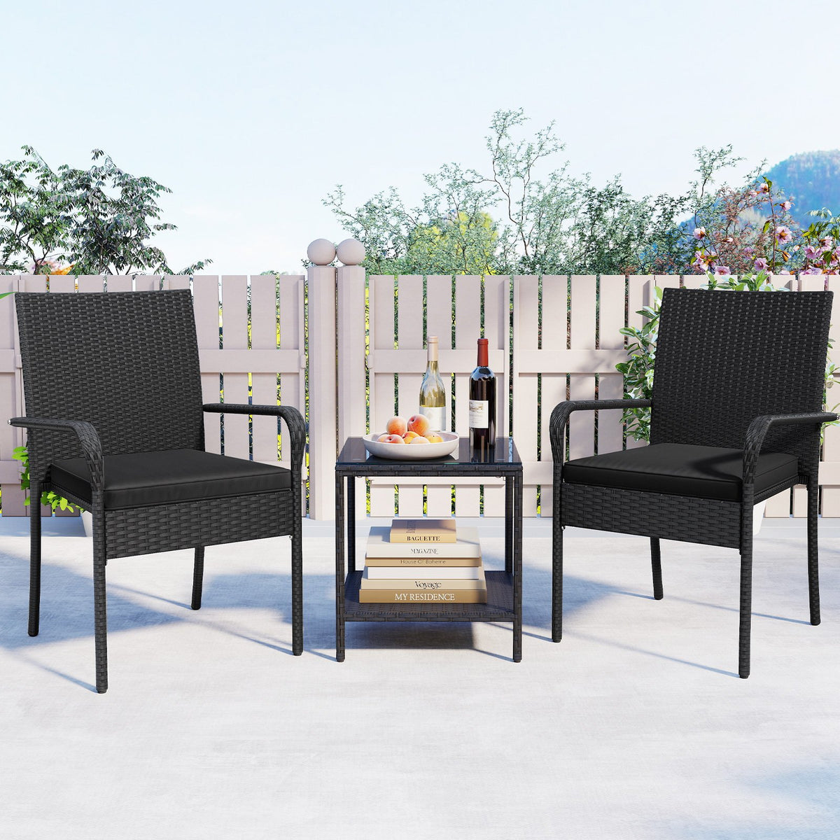 3 Piece Patio Furniture Set with Seat Cushions and Tempered Glass Tabletop-Black view 6