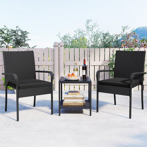 3 Piece Patio Furniture Set with Seat Cushions and Tempered Glass Tabletop-Black view 6