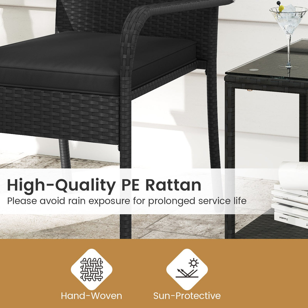 3 Piece Patio Furniture Set with Seat Cushions and Tempered Glass Tabletop-Black view 7