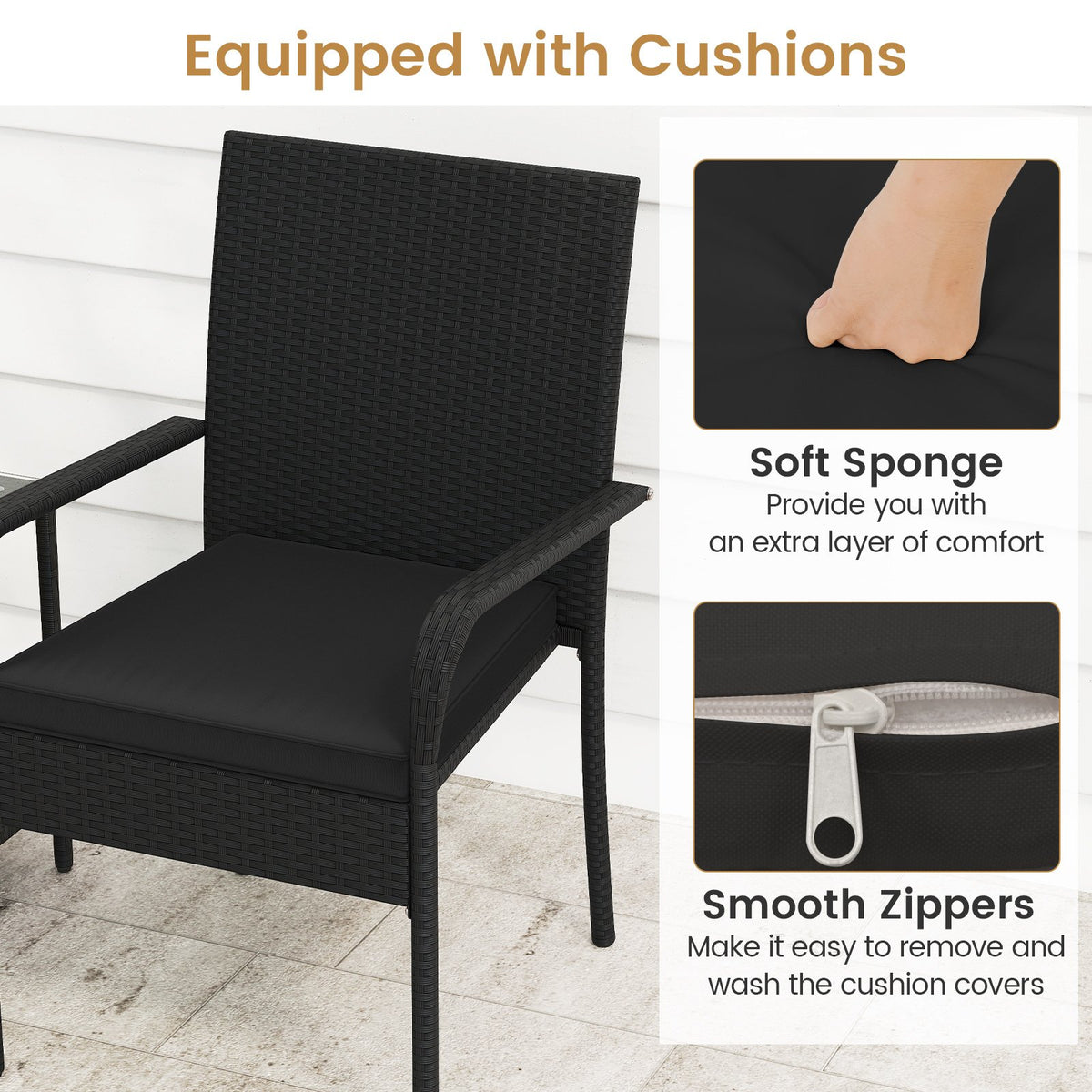 3 Piece Patio Furniture Set with Seat Cushions and Tempered Glass Tabletop-Black view 8