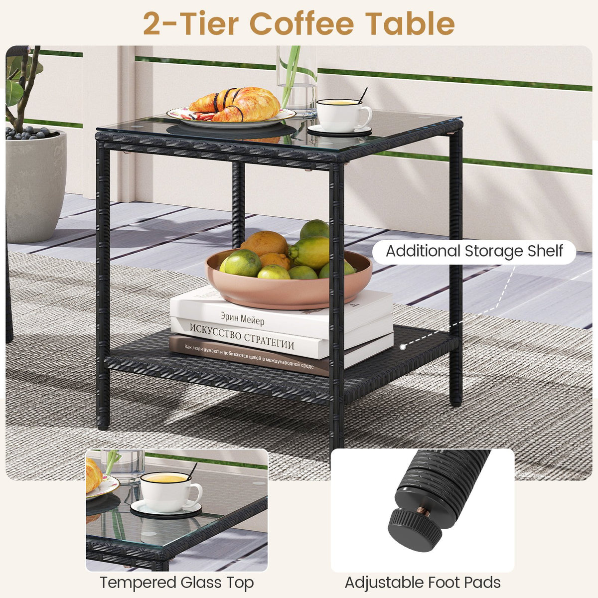 3 Piece Patio Furniture Set with Seat Cushions and Tempered Glass Tabletop-Black view 9