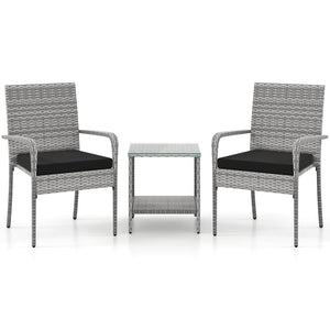 3 Piece Patio Furniture Set with Seat Cushions and Tempered Glass Tabletop for Balcony-Black