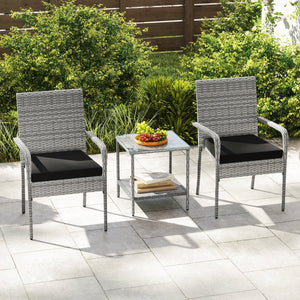 3 Piece Patio Furniture Set with Seat Cushions and Tempered Glass Tabletop for Balcony-Black view 2