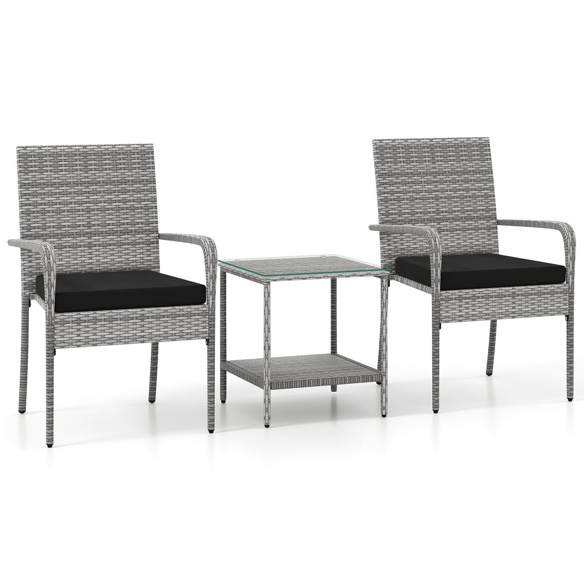 3 Piece Patio Furniture Set with Seat Cushions and Tempered Glass Tabletop for Balcony-Black view 3
