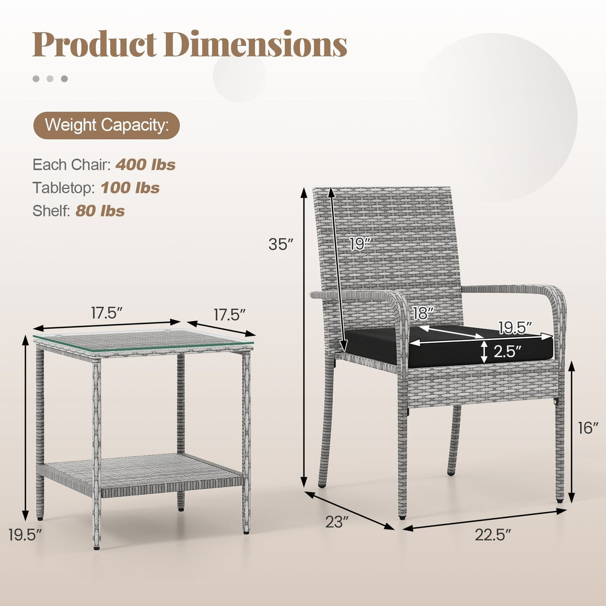 3 Piece Patio Furniture Set with Seat Cushions and Tempered Glass Tabletop for Balcony-Black view 4