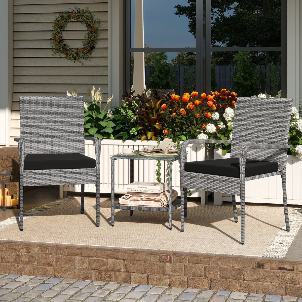 3 Piece Patio Furniture Set with Seat Cushions and Tempered Glass Tabletop for Balcony-Black view 5