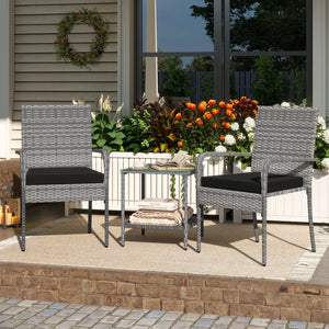 3 Piece Patio Furniture Set with Seat Cushions and Tempered Glass Tabletop for Balcony-Black view 5