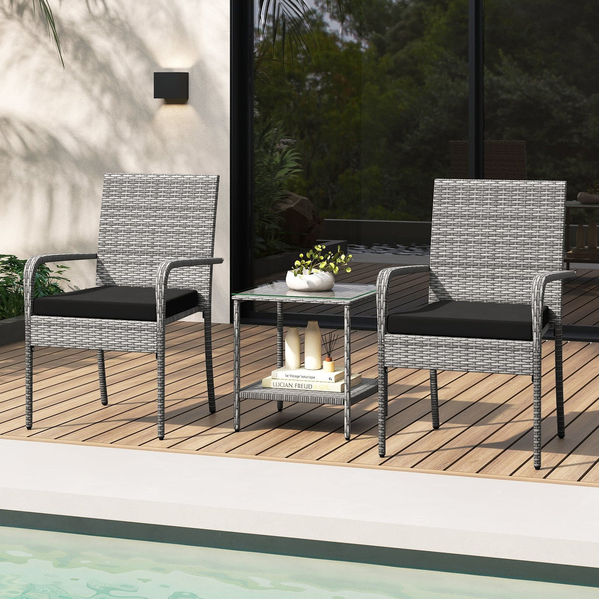 3 Piece Patio Furniture Set with Seat Cushions and Tempered Glass Tabletop for Balcony-Black view 6
