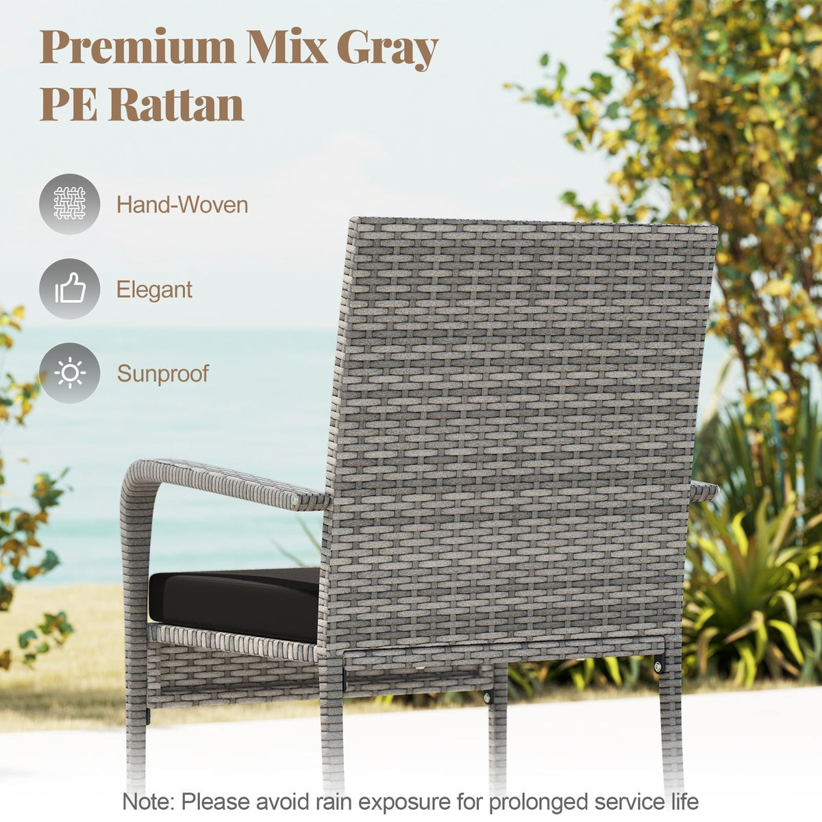 3 Piece Patio Furniture Set with Seat Cushions and Tempered Glass Tabletop for Balcony-Black view 8