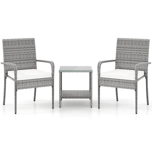 3 Piece Patio Furniture Set with Seat Cushions and Tempered Glass Tabletop for Balcony-White
