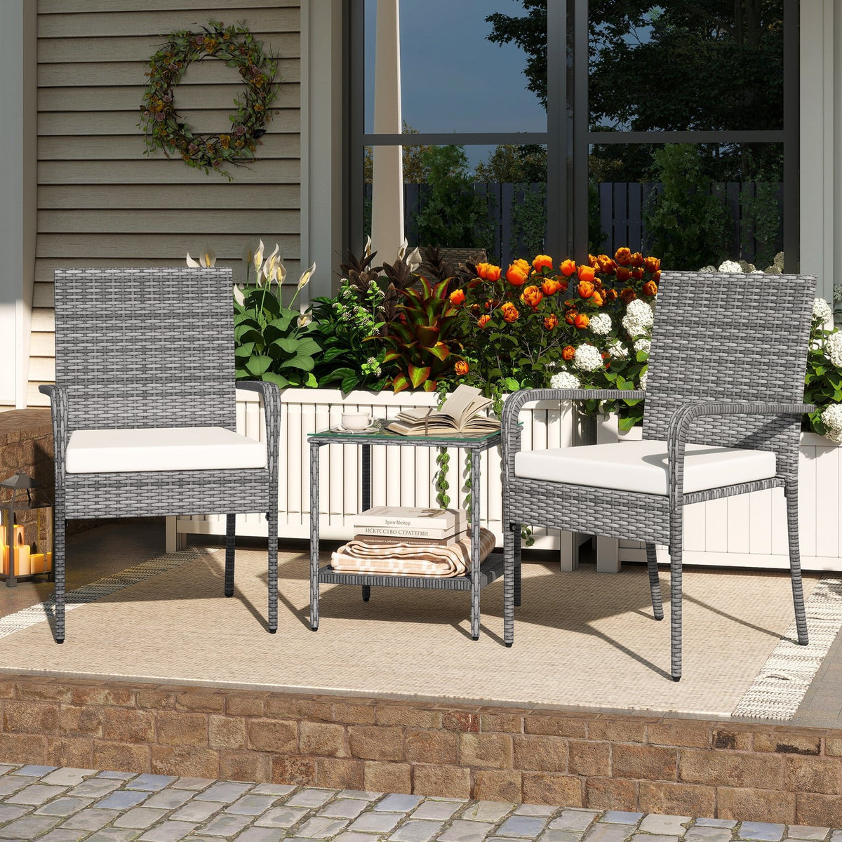 3 Piece Patio Furniture Set with Seat Cushions and Tempered Glass Tabletop for Balcony-White view 2