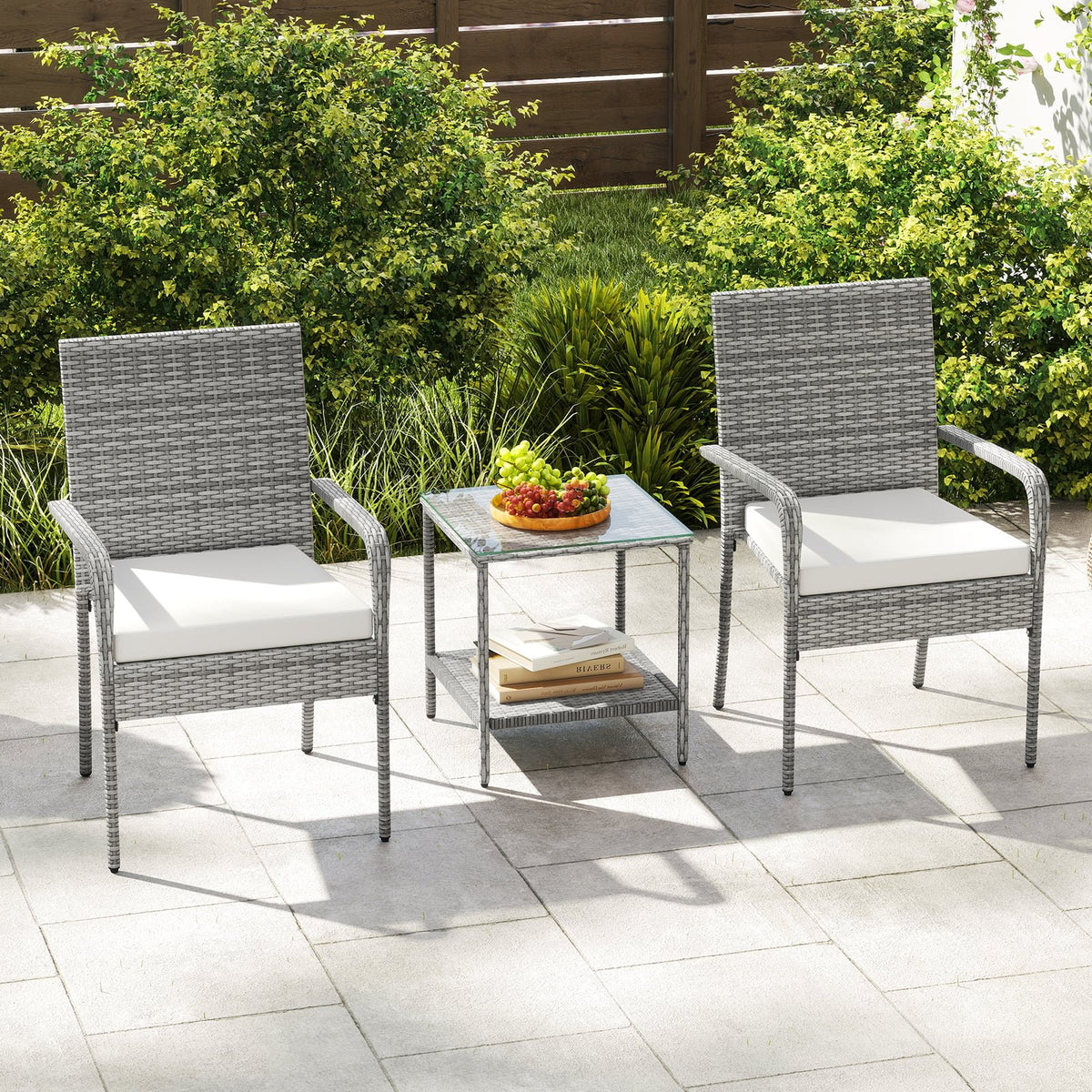 3 Piece Patio Furniture Set with Seat Cushions and Tempered Glass Tabletop for Balcony-White view 3