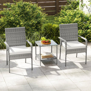 3 Piece Patio Furniture Set with Seat Cushions and Tempered Glass Tabletop for Balcony-White view 3