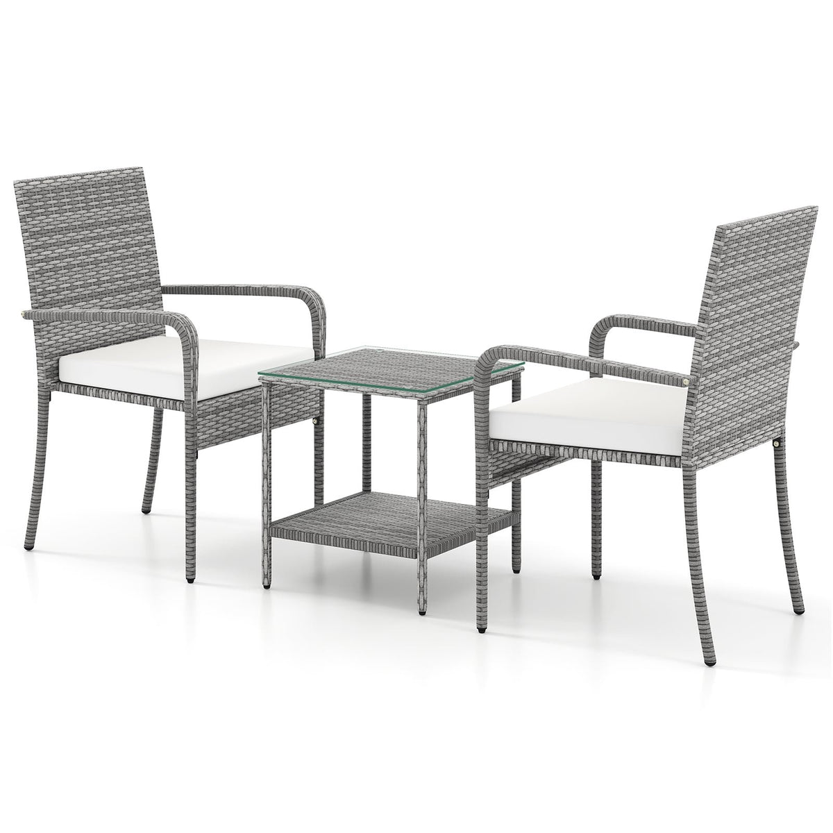 3 Piece Patio Furniture Set with Seat Cushions and Tempered Glass Tabletop for Balcony-White view 4