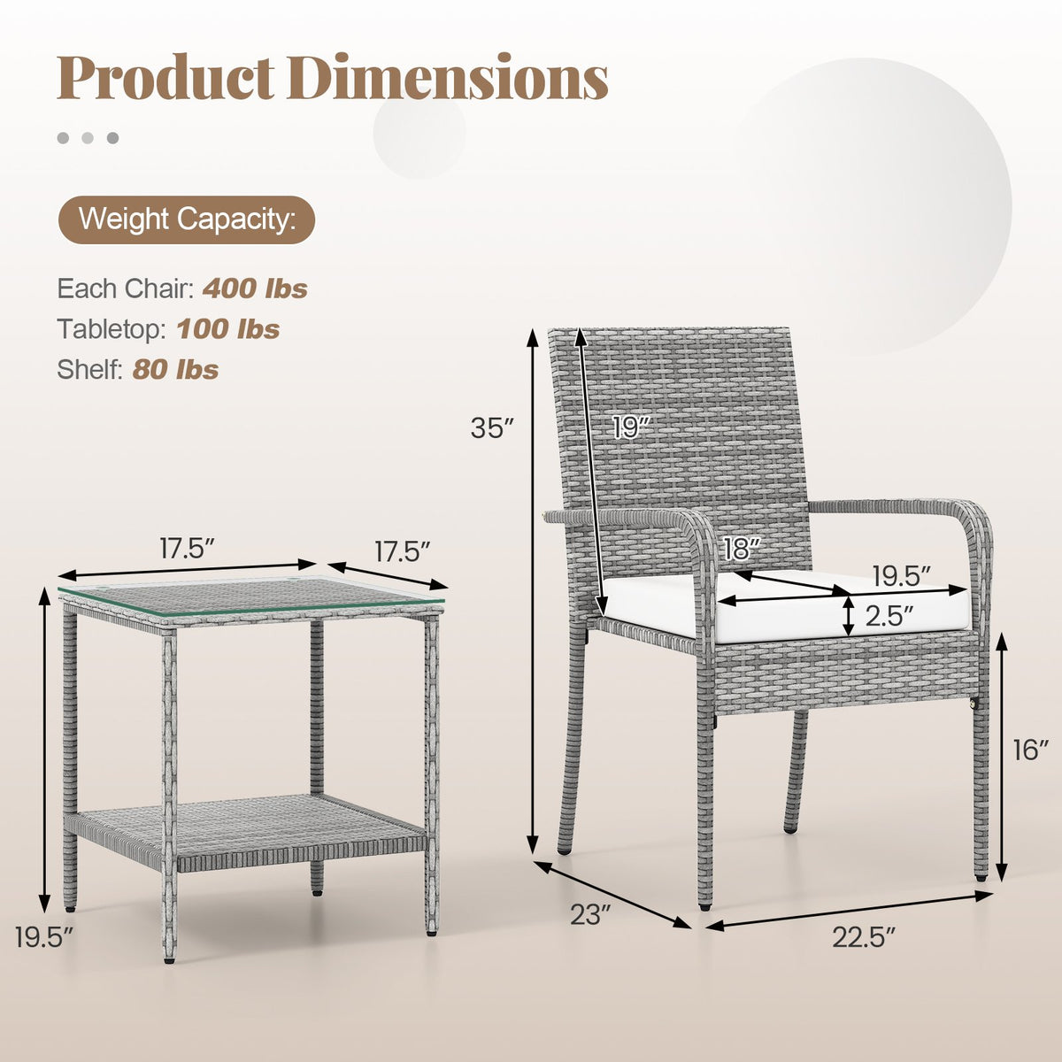 3 Piece Patio Furniture Set with Seat Cushions and Tempered Glass Tabletop for Balcony-White view 5