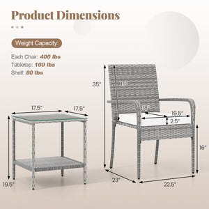 3 Piece Patio Furniture Set with Seat Cushions and Tempered Glass Tabletop for Balcony-White view 5