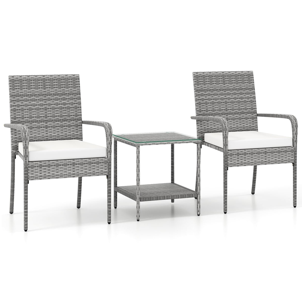 3 Piece Patio Furniture Set with Seat Cushions and Tempered Glass Tabletop for Balcony-White view 6