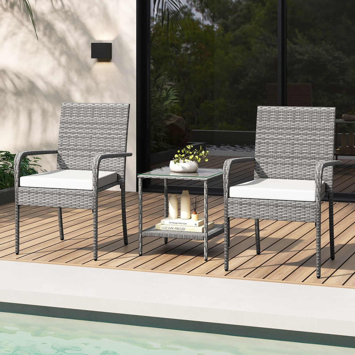 3 Piece Patio Furniture Set with Seat Cushions and Tempered Glass Tabletop for Balcony-White view 7