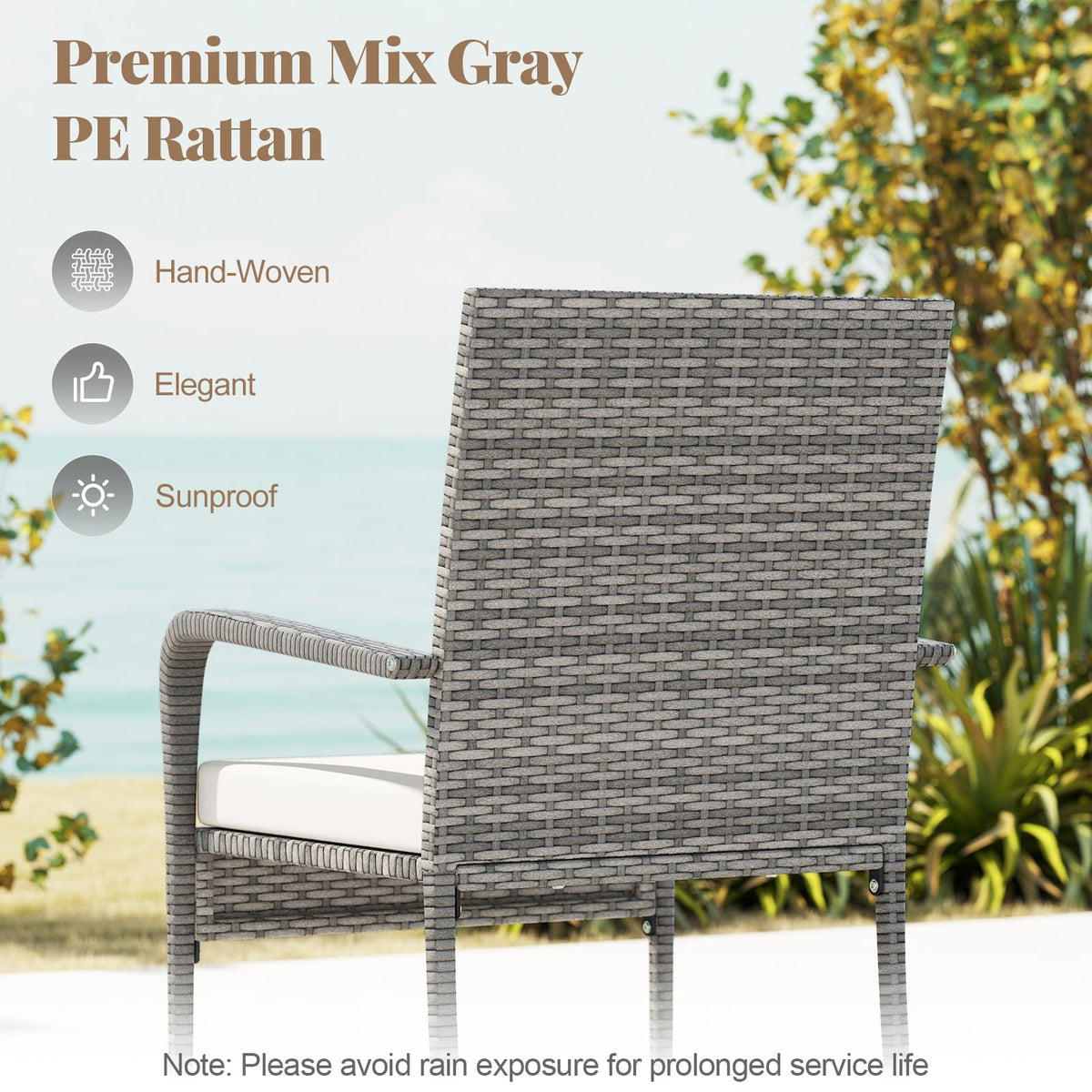 3 Piece Patio Furniture Set with Seat Cushions and Tempered Glass Tabletop for Balcony-White view 8