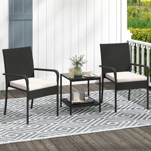 3 Piece Patio Furniture Set with Seat Cushions and Tempered Glass -White view 2
