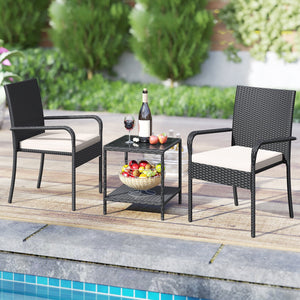 3 Piece Patio Furniture Set with Seat Cushions and Tempered Glass -White view 3