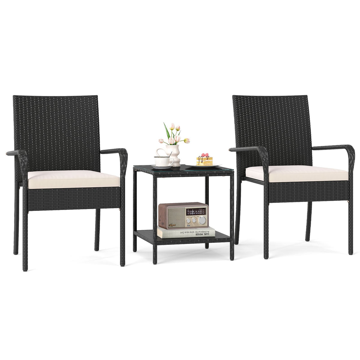 3 Piece Patio Furniture Set with Seat Cushions and Tempered Glass -White view 4
