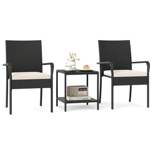 3 Piece Patio Furniture Set with Seat Cushions and Tempered Glass -White view 4