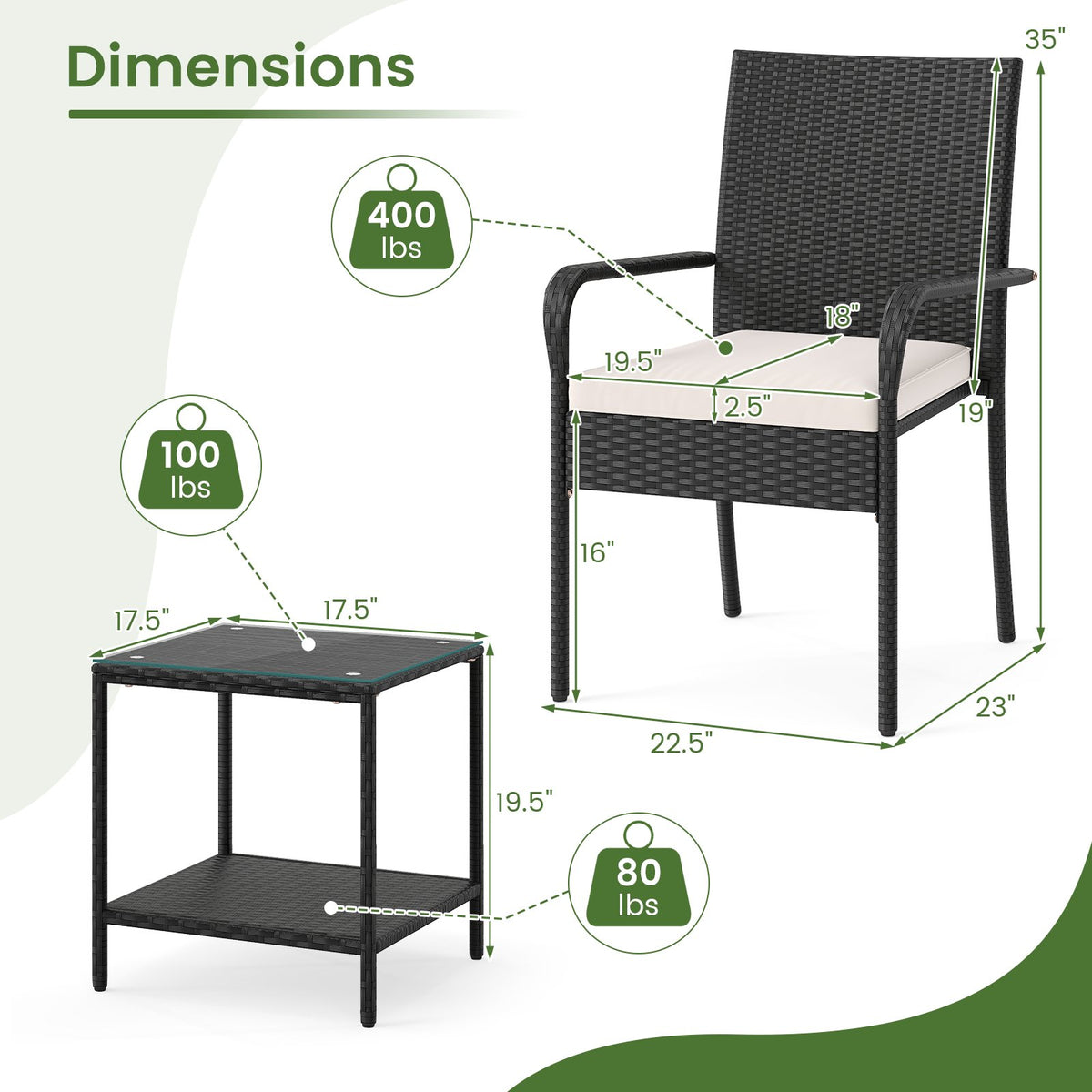 3 Piece Patio Furniture Set with Seat Cushions and Tempered Glass -White view 5