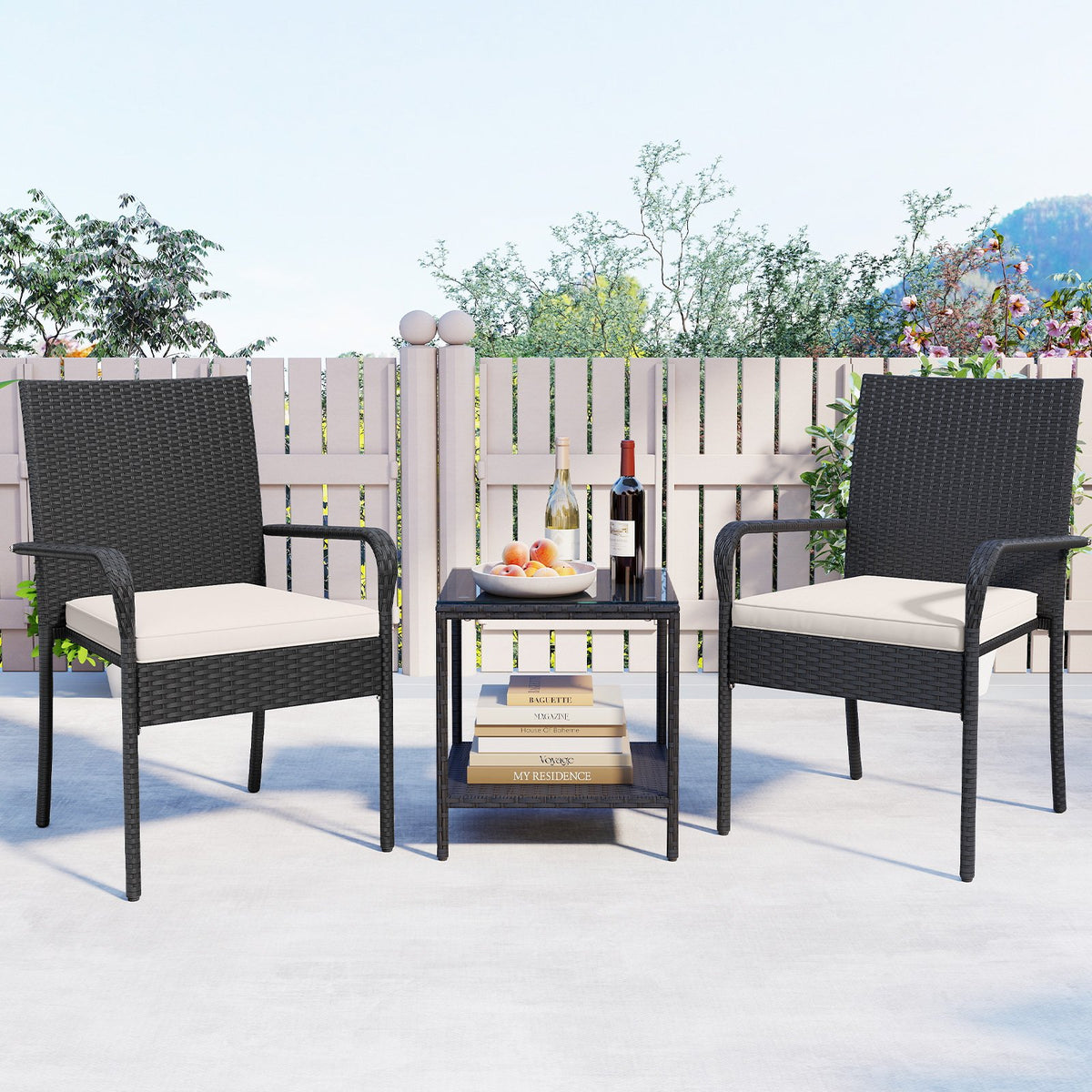 3 Piece Patio Furniture Set with Seat Cushions and Tempered Glass -White view 6