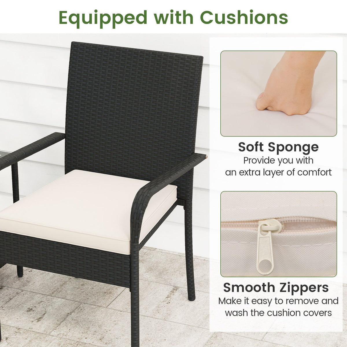 3 Piece Patio Furniture Set with Seat Cushions and Tempered Glass -White view 8