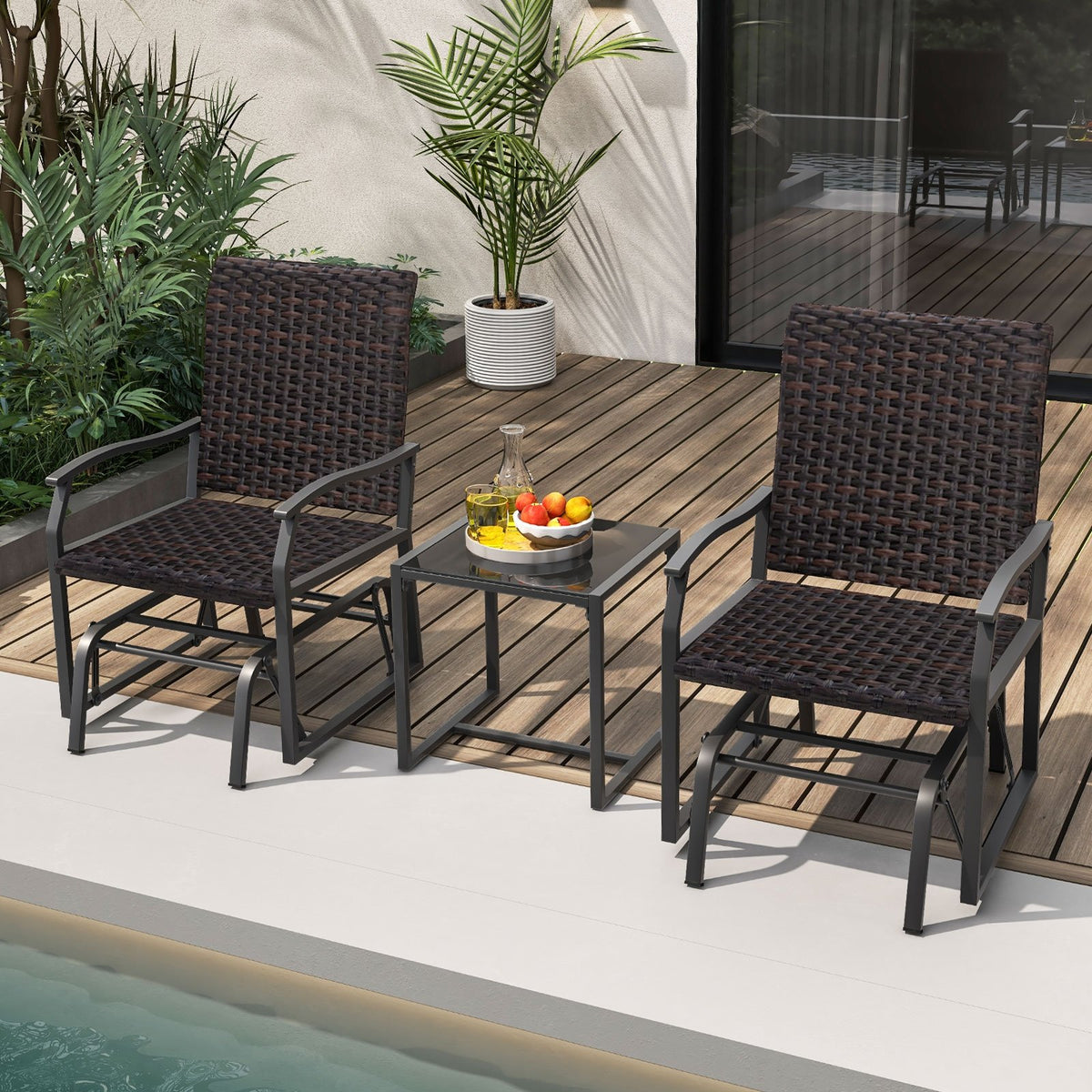 3 Piece Patio Gliding Set with Tempered Glass Coffee Table All Weather-Brown view 3