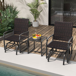 3 Piece Patio Gliding Set with Tempered Glass Coffee Table All Weather-Brown view 3