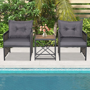 3 Piece Patio Rattan Furniture Set with Acacia Wood Tabletop-Gray view 2