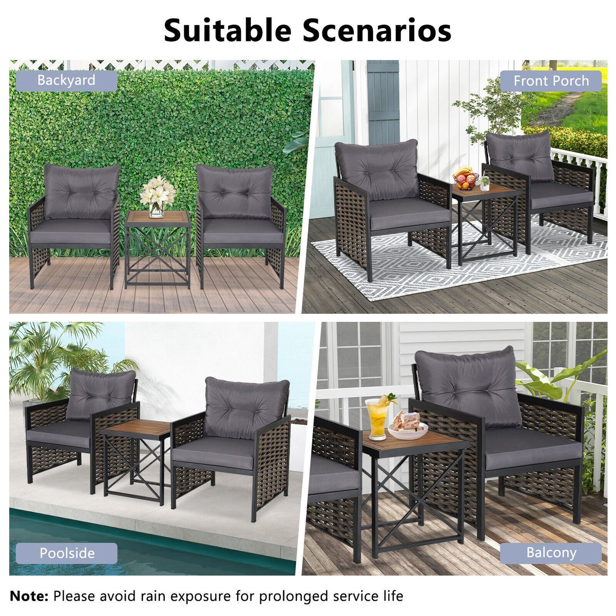 3 Piece Patio Rattan Furniture Set with Acacia Wood Tabletop-Gray view 3