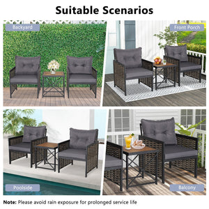 3 Piece Patio Rattan Furniture Set with Acacia Wood Tabletop-Gray view 3