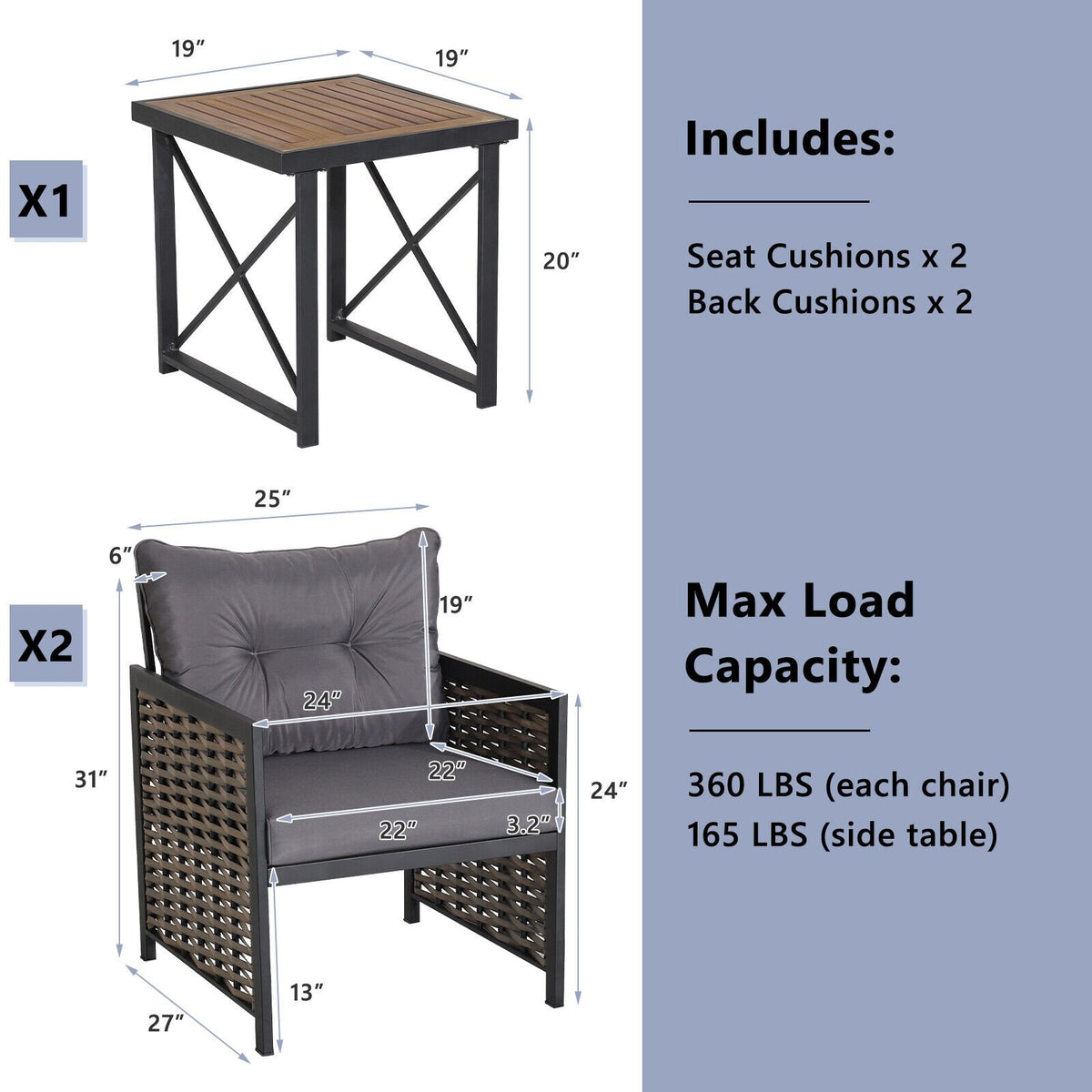 3 Piece Patio Rattan Furniture Set with Acacia Wood Tabletop-Gray view 4