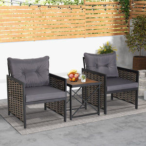3 Piece Patio Rattan Furniture Set with Acacia Wood Tabletop-Gray view 6