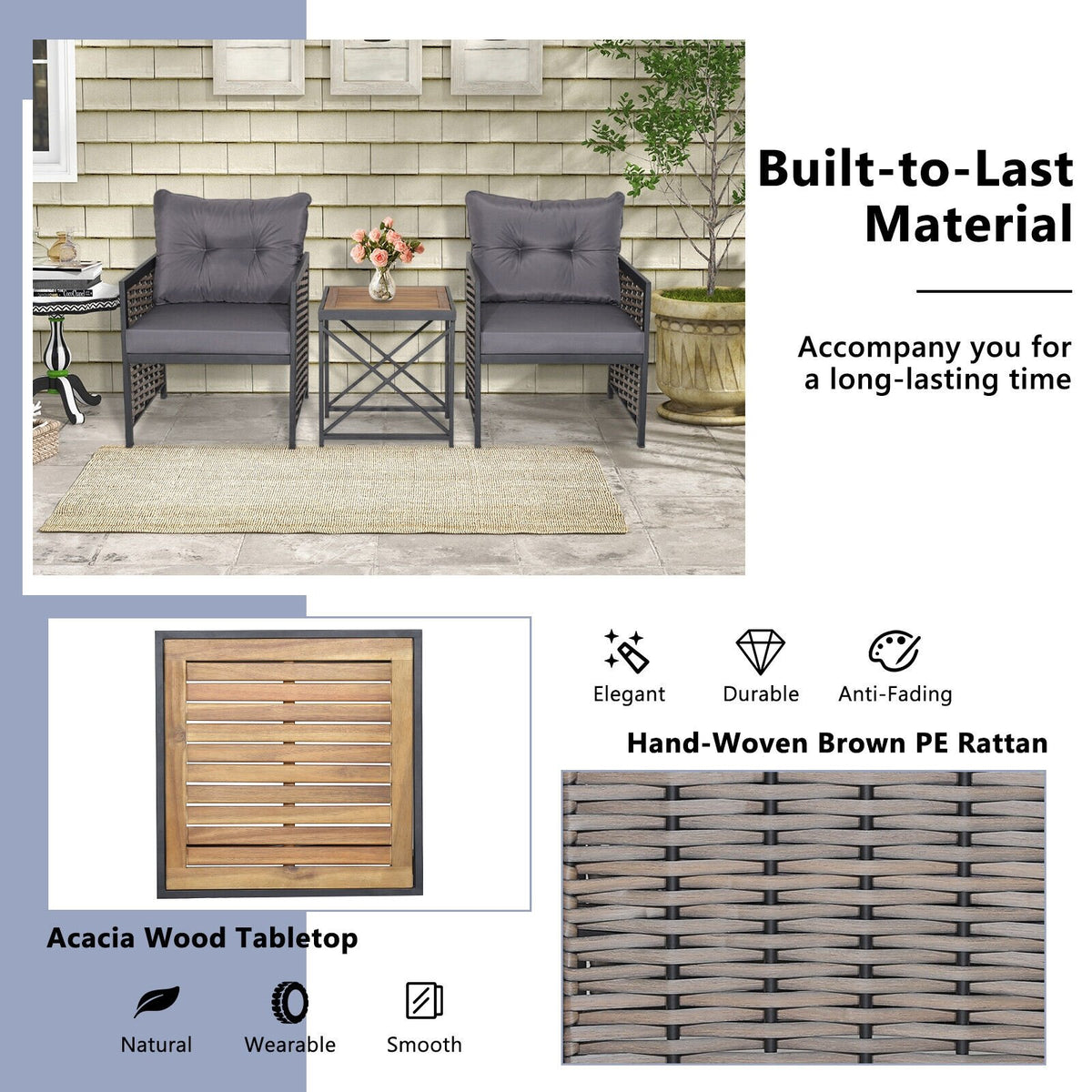 3 Piece Patio Rattan Furniture Set with Acacia Wood Tabletop-Gray view 7