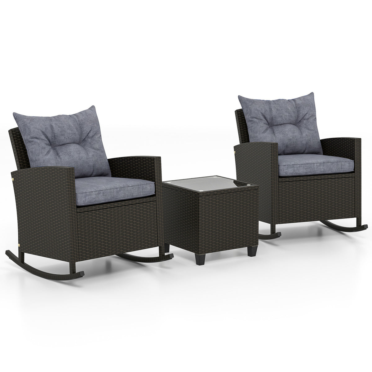 3-Piece Patio Rattan Roker Chairs with Tempered Glass Table and Soft Cushions-Dark Gray