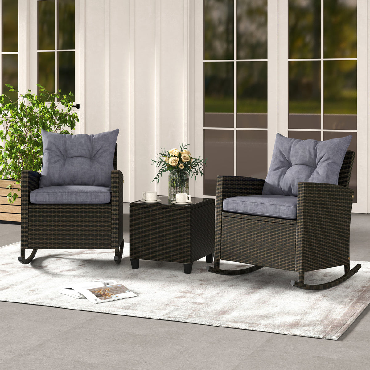 3-Piece Patio Rattan Roker Chairs with Tempered Glass Table and Soft Cushions-Dark Gray view 2