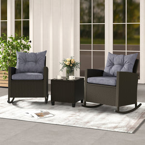 3-Piece Patio Rattan Roker Chairs with Tempered Glass Table and Soft Cushions-Dark Gray view 2