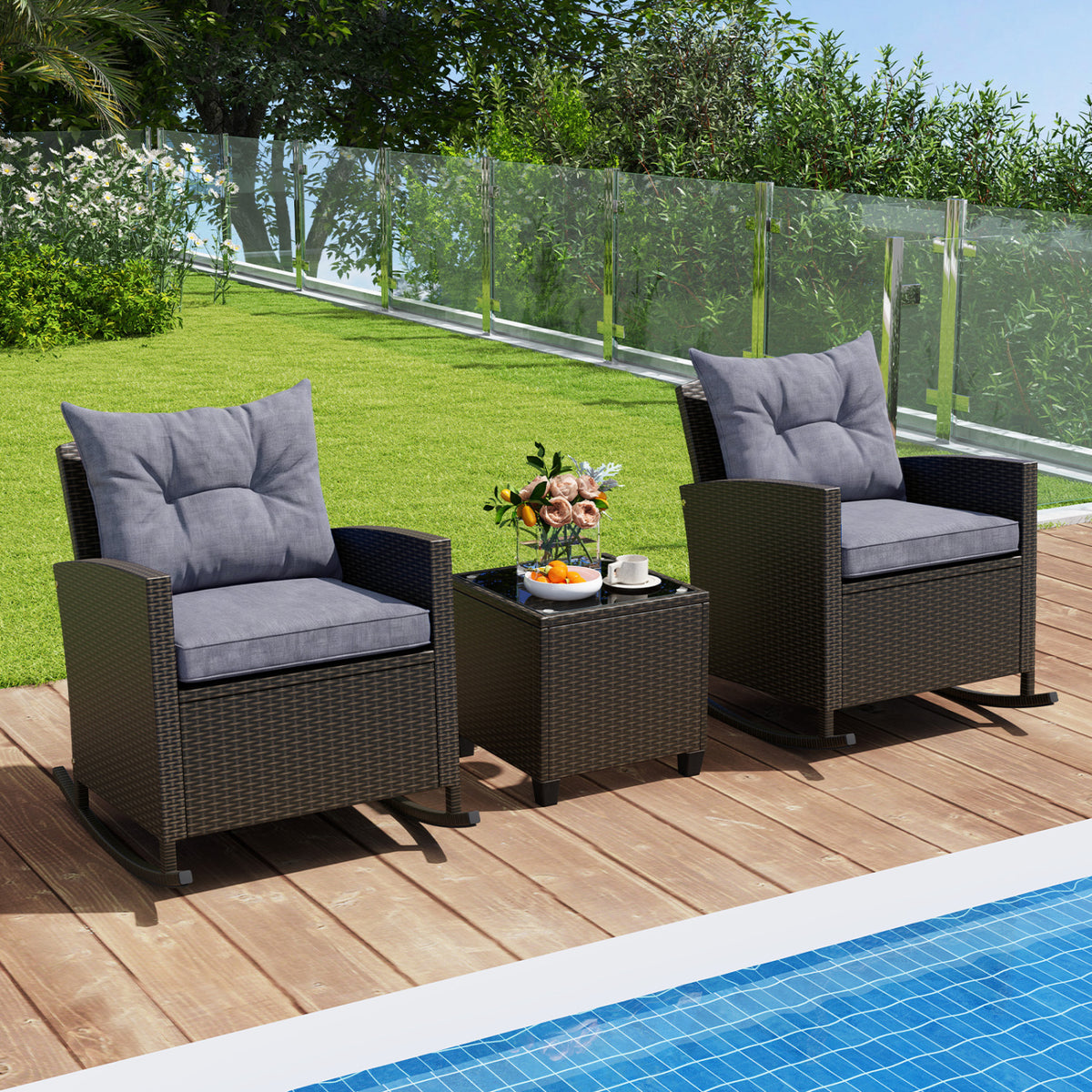 3-Piece Patio Rattan Roker Chairs with Tempered Glass Table and Soft Cushions-Dark Gray view 3